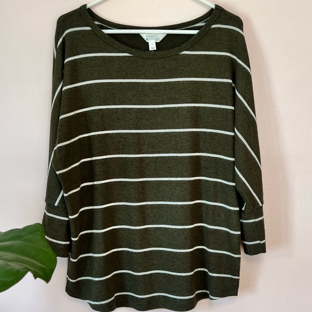 Market & Spruce Elbow Sleeve Olive Green Striped Brushed Knit Top